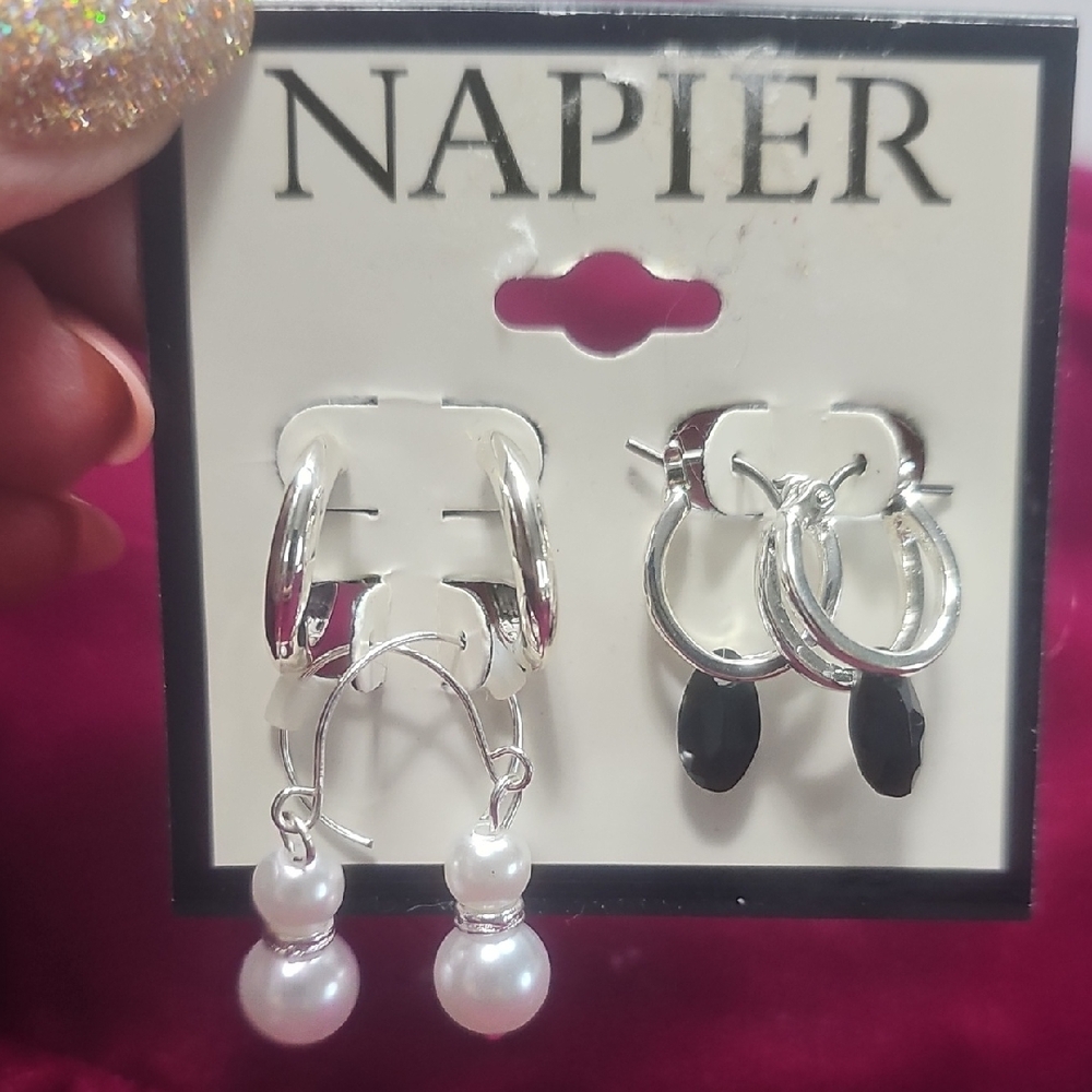 X3 New Napier Silver White Pearl And Black Hoop Drop Earrings 3 Prs